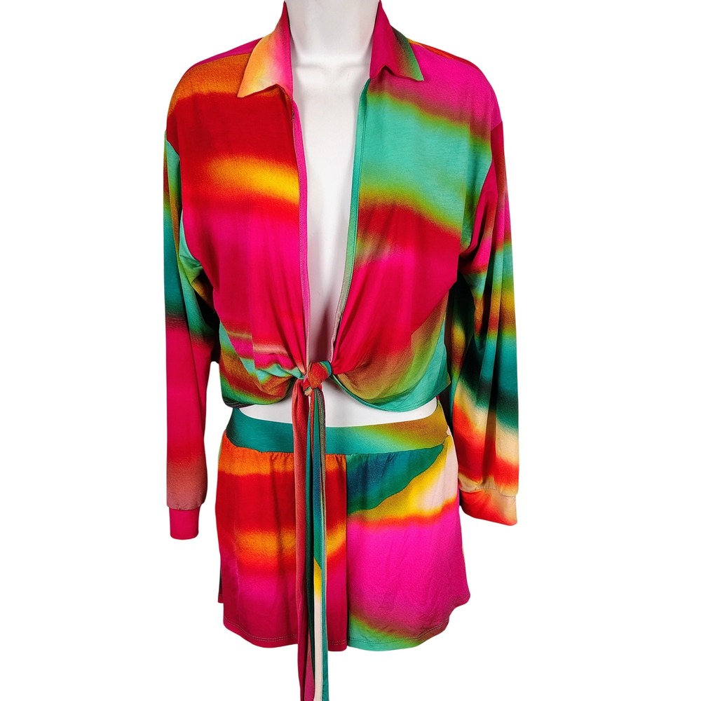 NWT Womens S Sunrise Moments Short Set Multicolor Tie Dye Festival Y2K